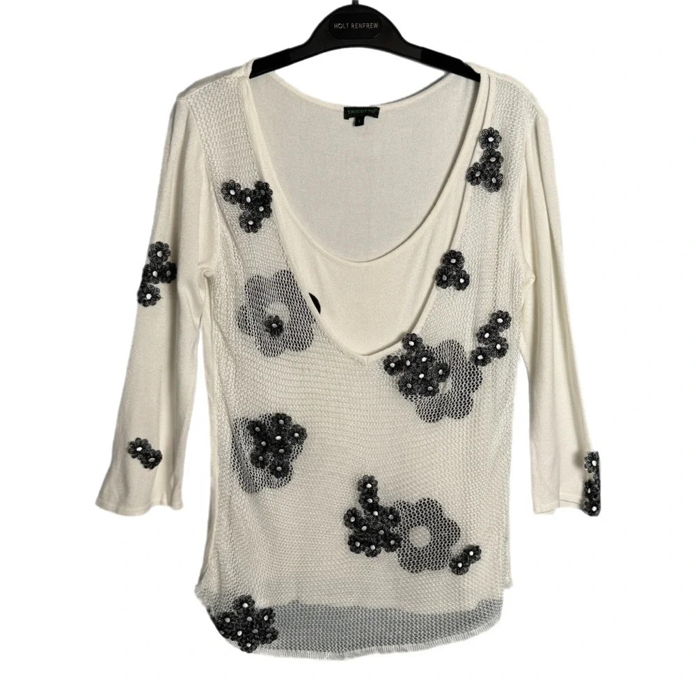 Tricotto Y2K Hippie Net Overlay Top Floral 70s Retro Kidcore Funky 3/4 Sleeve L